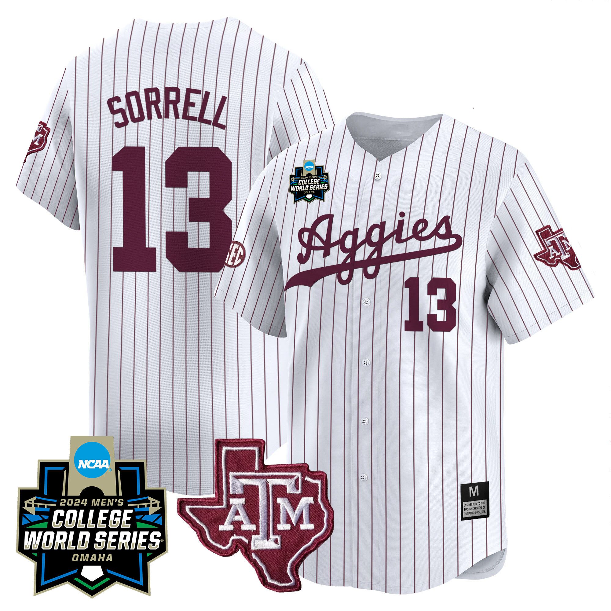 Men Texas A&M Aggies 13 Sorrell White Stripe 2024 College World Series Vapor Premier Limited NCAA Jersey